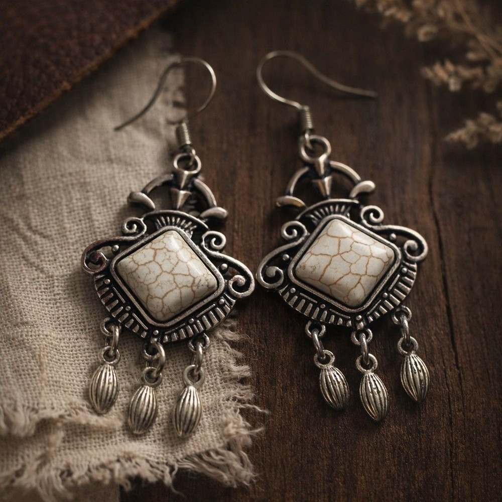 Boho Western ivory Statement Earrings – Filigree Dangle | Vintage Inspired